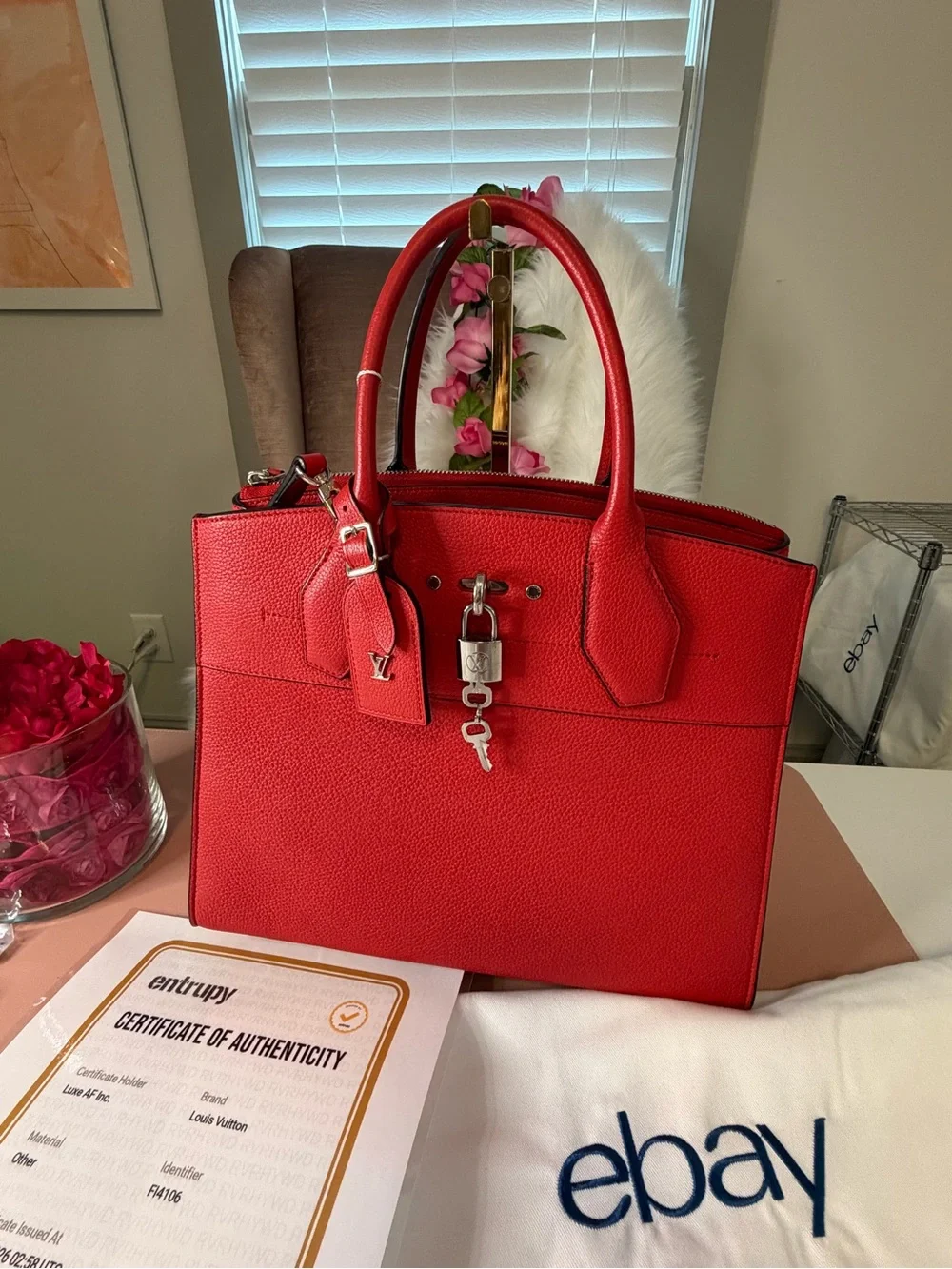 Louis Vuitton City Steamer PM Red Taurillon Leather Tote Bag Entrupy & eBay COA